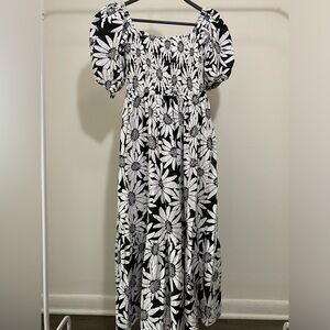 INC International Concepts Smocked Puff Sleeve Midi Dress Floral Size PM